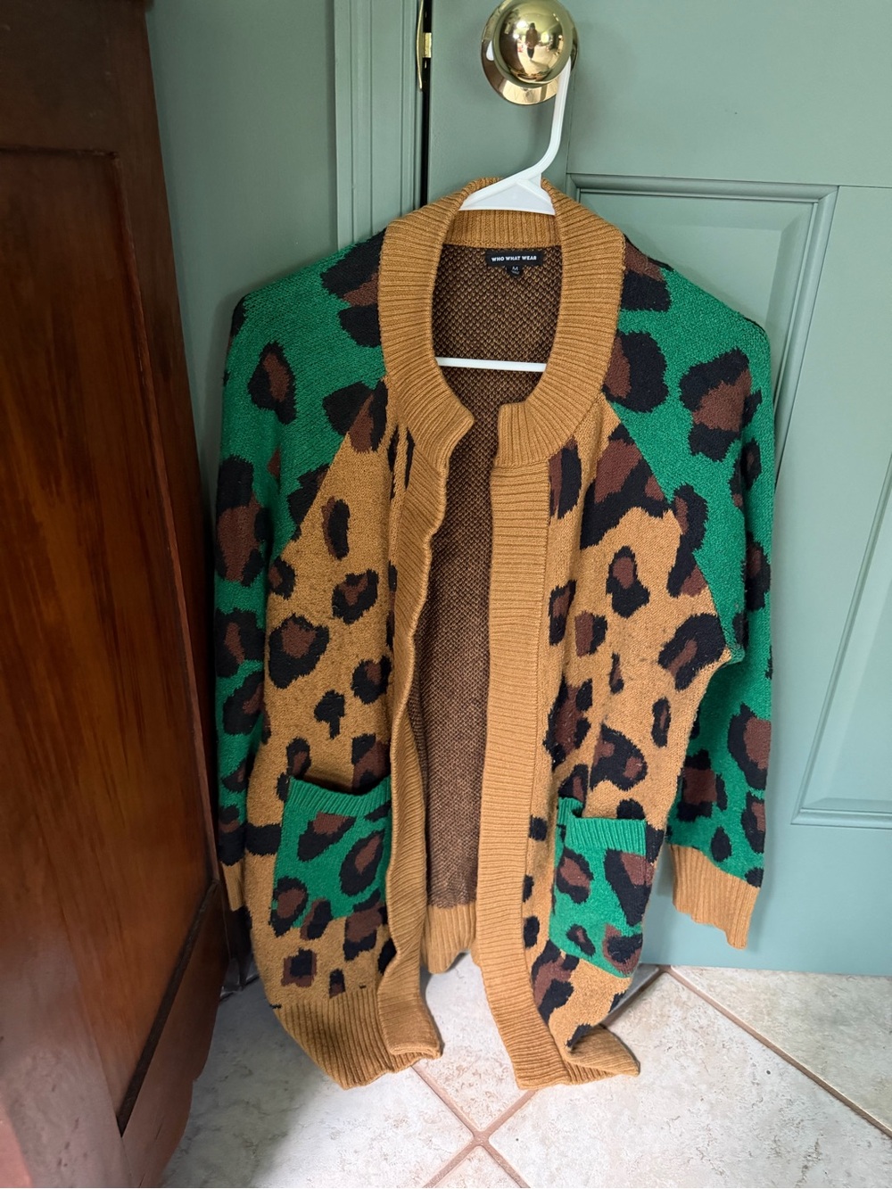 Who What Wear Green and Tan Leopard Print Open Cardigan